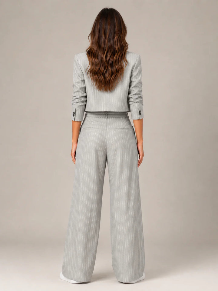 Grey Women's Pinstripe Two-Piece Suit with Cropped Blazer & Relaxed Wide-Leg Pants — Beatrice - Back Full Detail
