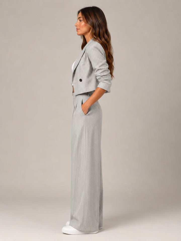 Grey Women's Pinstripe Two-Piece Suit with Cropped Blazer & Relaxed Wide-Leg Pants — Beatrice - Side Profile Full