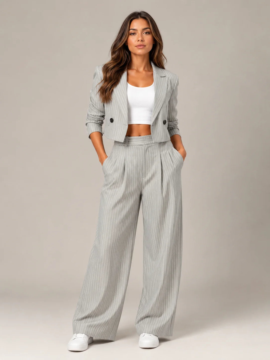 Grey Women's Pinstripe Two-Piece Suit with Cropped Blazer & Relaxed Wide-Leg Pants — Beatrice