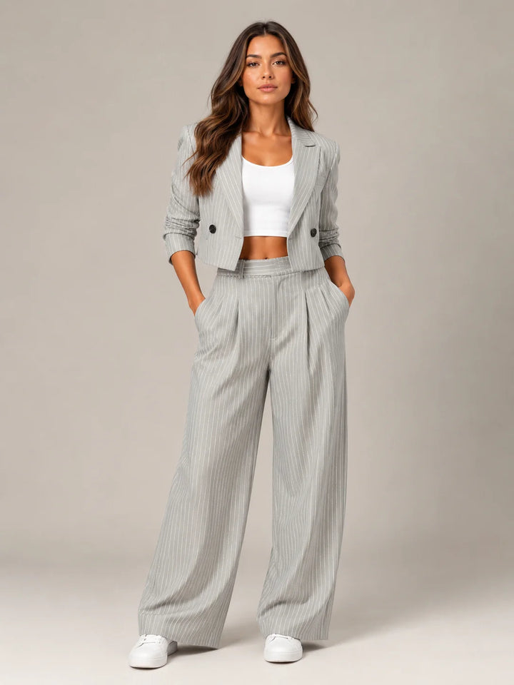 Grey Women's Pinstripe Two-Piece Suit with Cropped Blazer & Relaxed Wide-Leg Pants — Beatrice