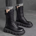 Black Women's Platform Combat Boots with Lace-Up Front & Chunky Sole — Thea - Worn Lifestyle Crossed