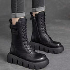 Black Women's Platform Combat Boots with Lace-Up Front & Chunky Sole — Thea - Worn Lifestyle Crossed