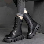 Black Women's Platform Combat Boots with Lace-Up Front & Chunky Sole — Thea - Worn Lifestyle Side