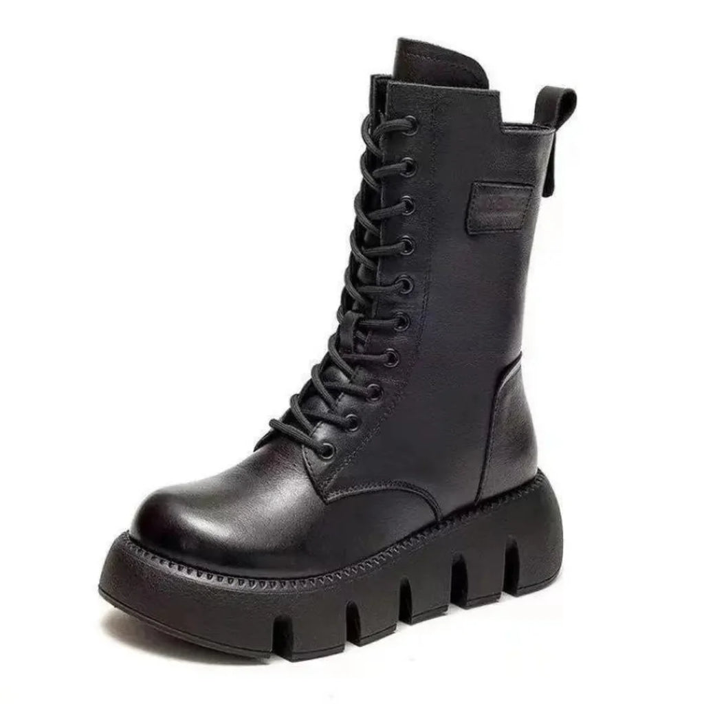 Black Women's Platform Combat Boots with Lace-Up Front & Chunky Sole — Thea