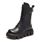Black Women's Platform Combat Boots with Lace-Up Front & Chunky Sole — Thea