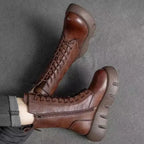 Brown Women's Platform Combat Boots with Lace-Up Front & Chunky Sole — Thea - Top Down Worn