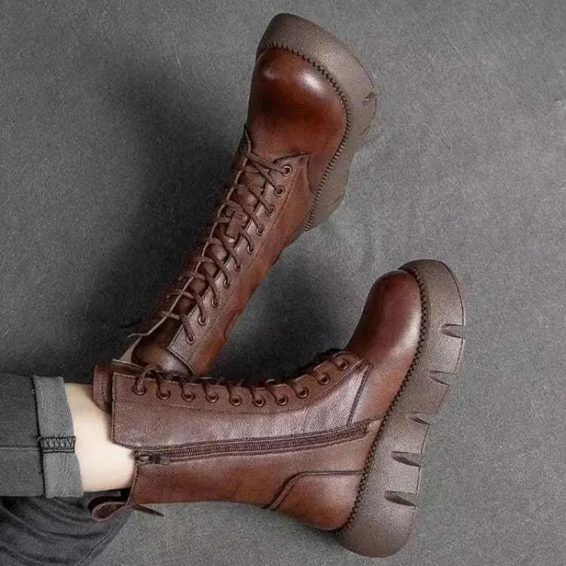 Brown Women's Platform Combat Boots with Lace-Up Front & Chunky Sole — Thea - Top Down Worn
