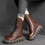 Brown Women's Platform Combat Boots with Lace-Up Front & Chunky Sole — Thea - Worn Lifestyle Seated
