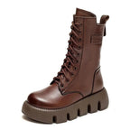 Brown Women's Platform Combat Boots with Lace-Up Front & Chunky Sole — Thea