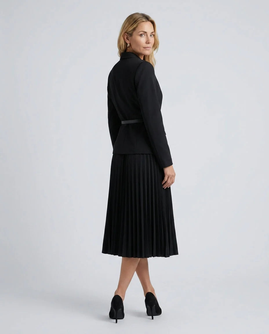 Women's Blazer Midi Dress with Pleated Skirt & Belted Waist - Back Walking