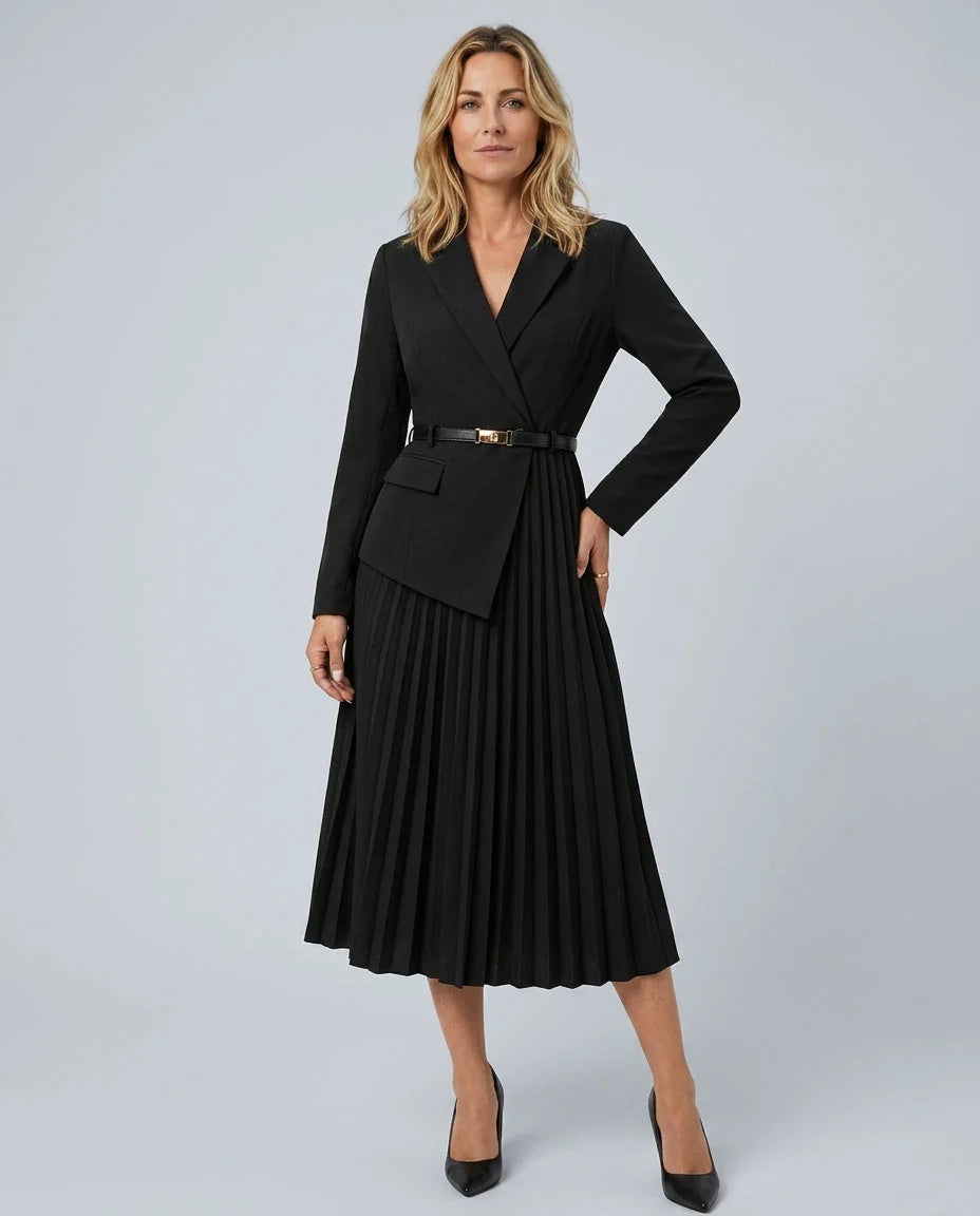 Black Women's Blazer Midi Dress with Pleated Skirt & Belted Waist