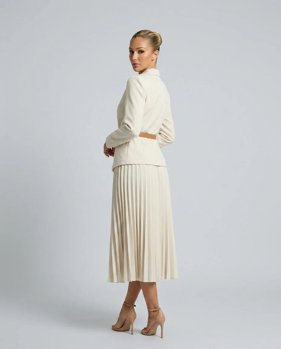 Women's Blazer Midi Dress with Pleated Skirt & Belted Waist - Back Pose