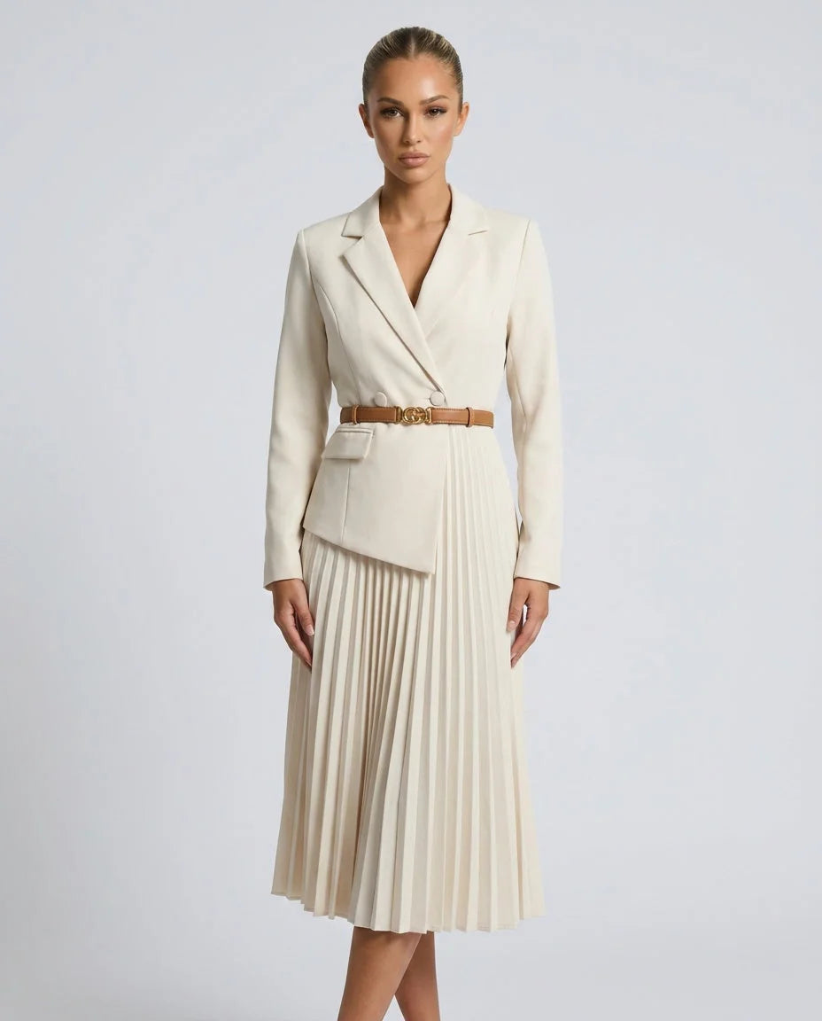 Women's Blazer Midi Dress with Pleated Skirt & Belted Waist - Front Closeup