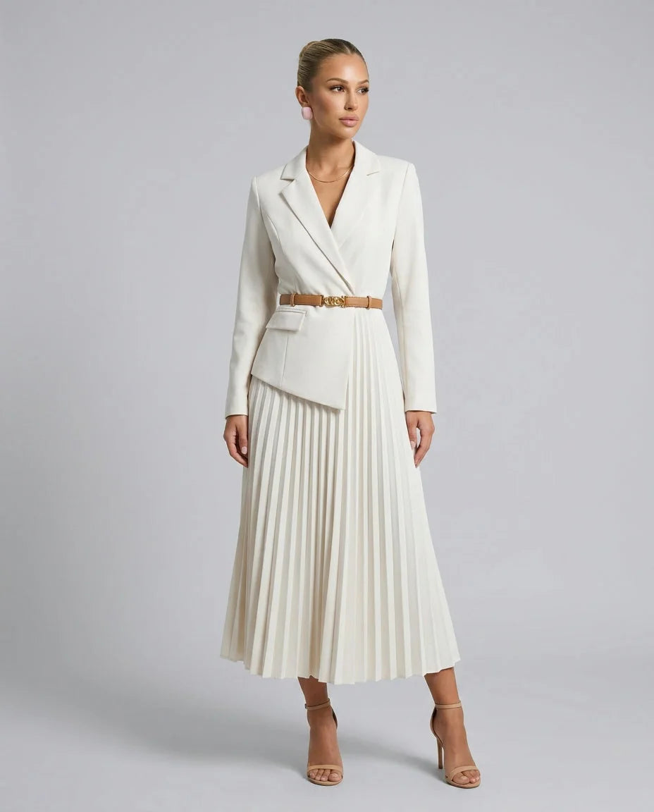 White Women's Blazer Midi Dress with Pleated Skirt & Belted Waist
