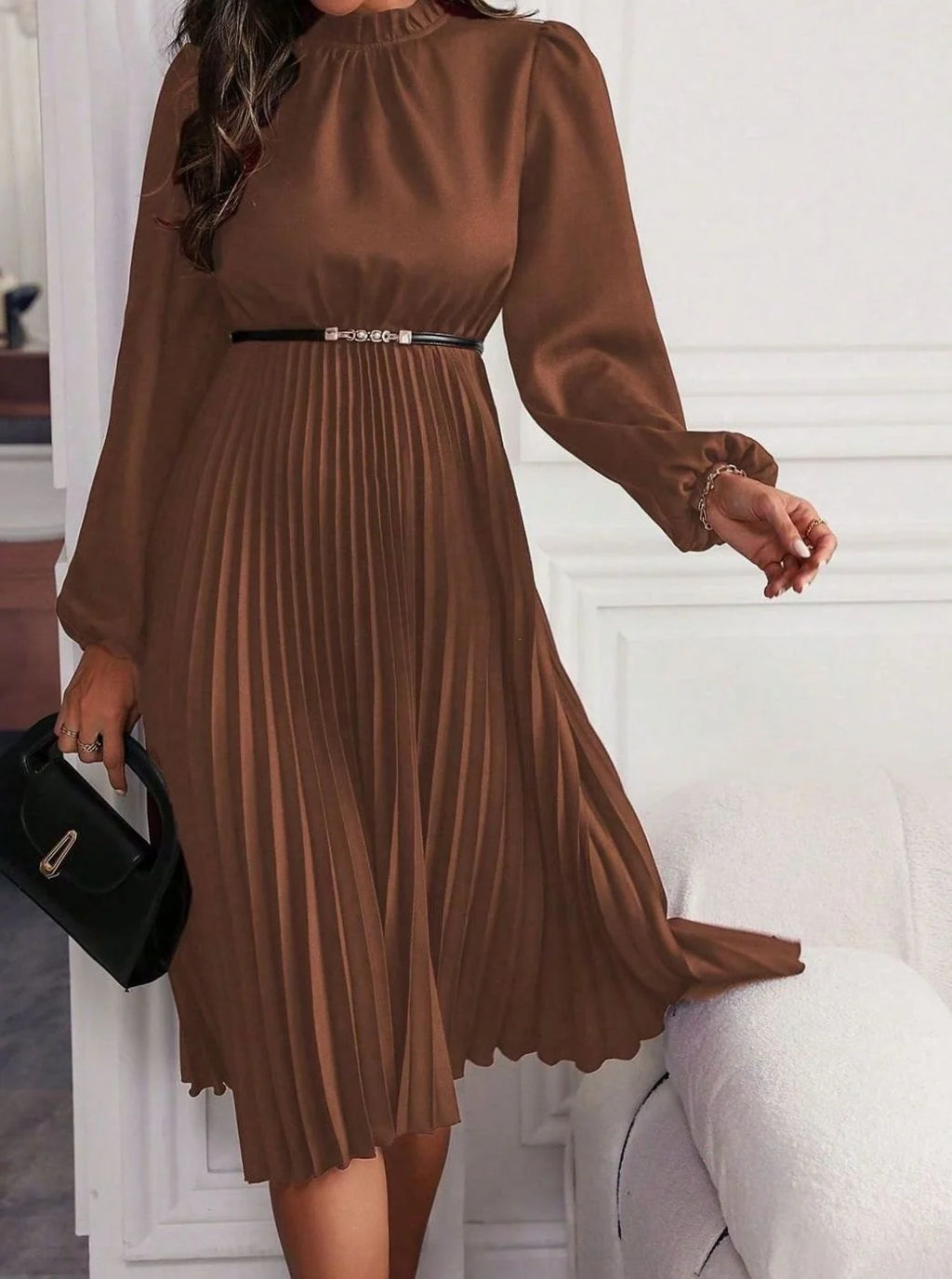 Chestnut Brown Women's Pleated Midi Evening Dress with Lantern Sleeves & Mock Neck - Side Stance