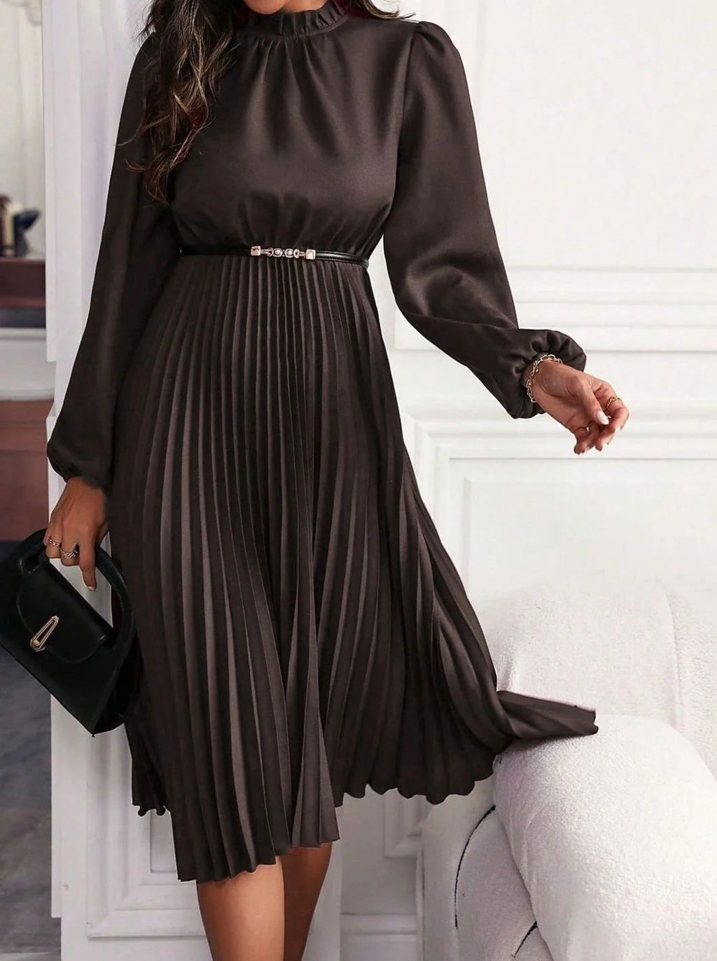Coffee Women's Pleated Midi Evening Dress with Lantern Sleeves & Mock Neck - Close Up Bodice