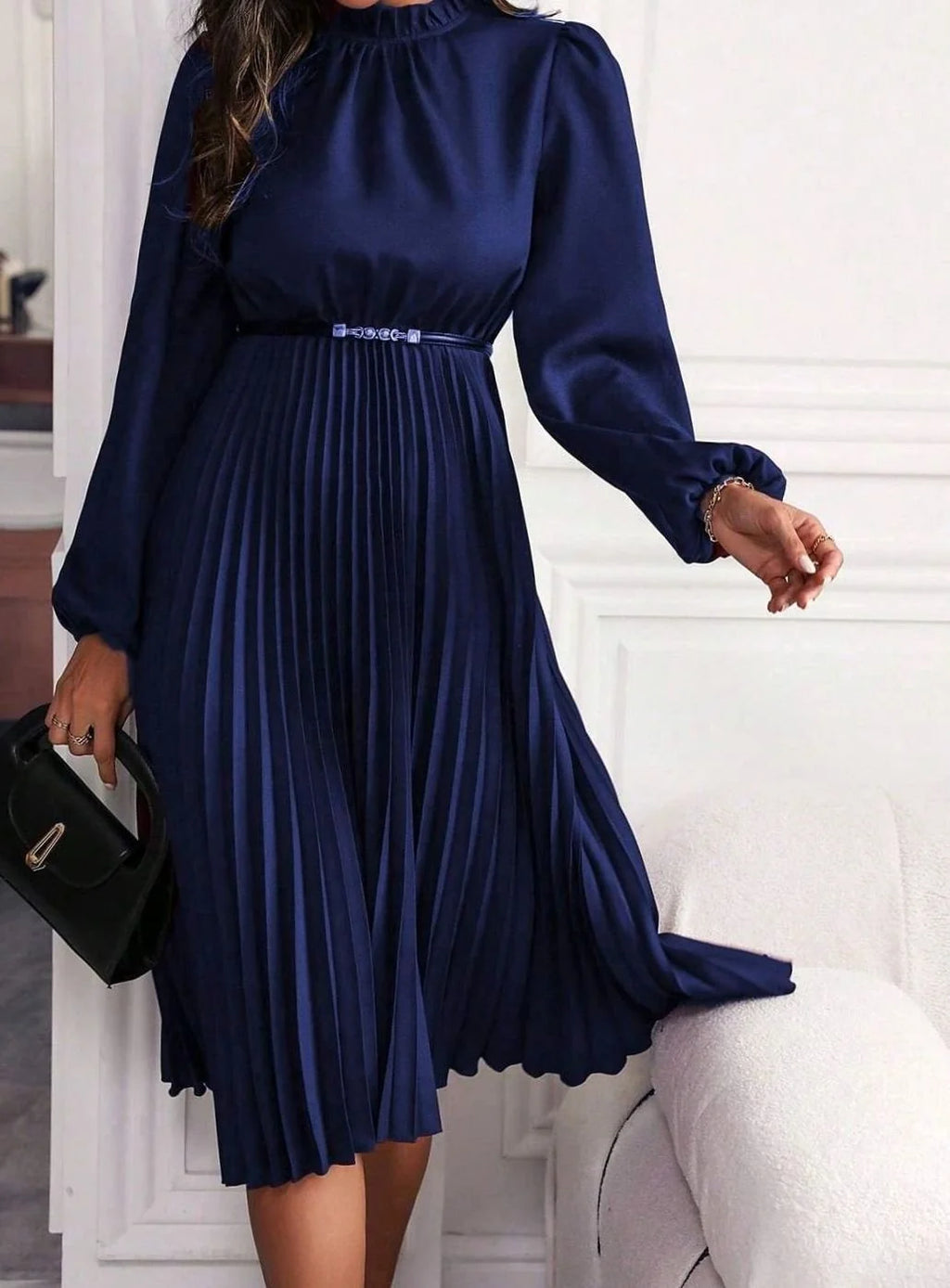 Dark Blue Women's Pleated Midi Evening Dress with Lantern Sleeves & Mock Neck - Hand On Chair