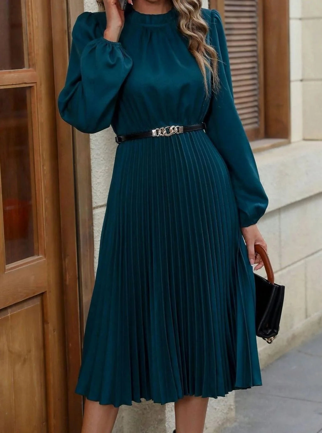 Teal Women's Pleated Midi Evening Dress with Lantern Sleeves & Mock Neck - Outdoor Phone Call