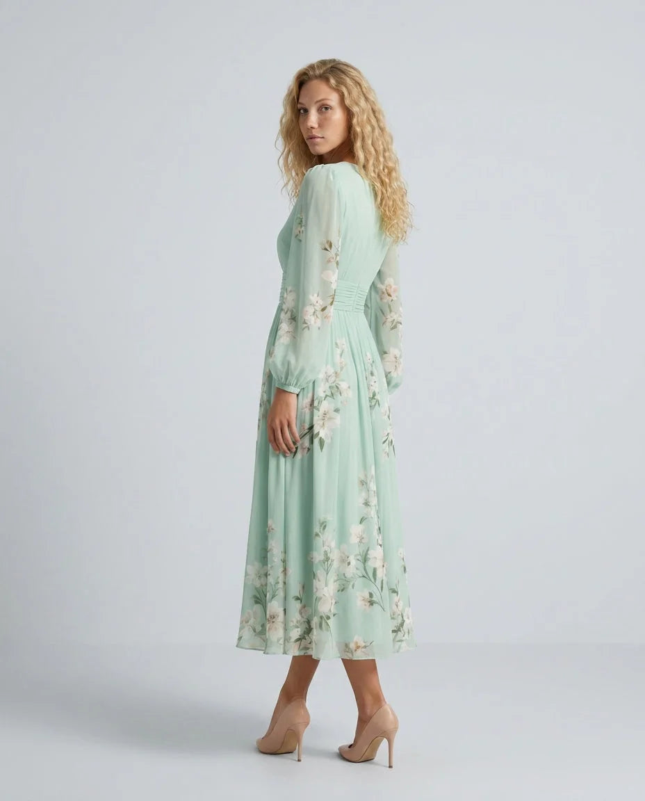 Light Green Women's Floral Midi Dress with Pleated Skirt & Long Sleeves - Back Detail