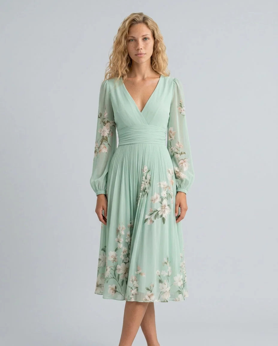Light Green Women's Floral Midi Dress with Pleated Skirt & Long Sleeves - Front Midshot