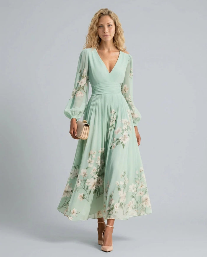 Light Green Women's Floral Midi Dress with Pleated Skirt & Long Sleeves
