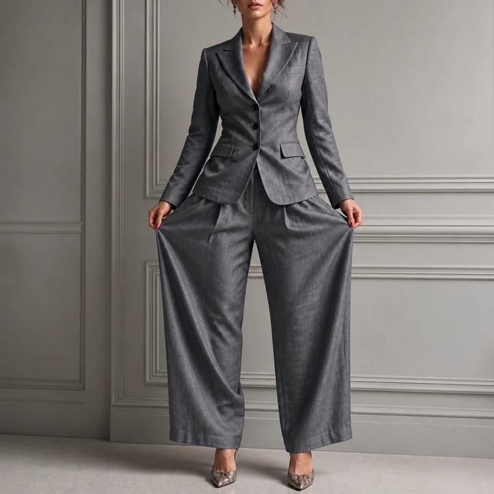 Dark Grey Women's Blazer Suit Set with Pleated Wide-Leg Trousers — Diana