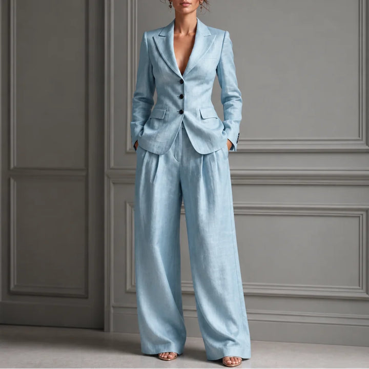Light Blue Women's Blazer Suit Set with Pleated Wide-Leg Trousers — Diana