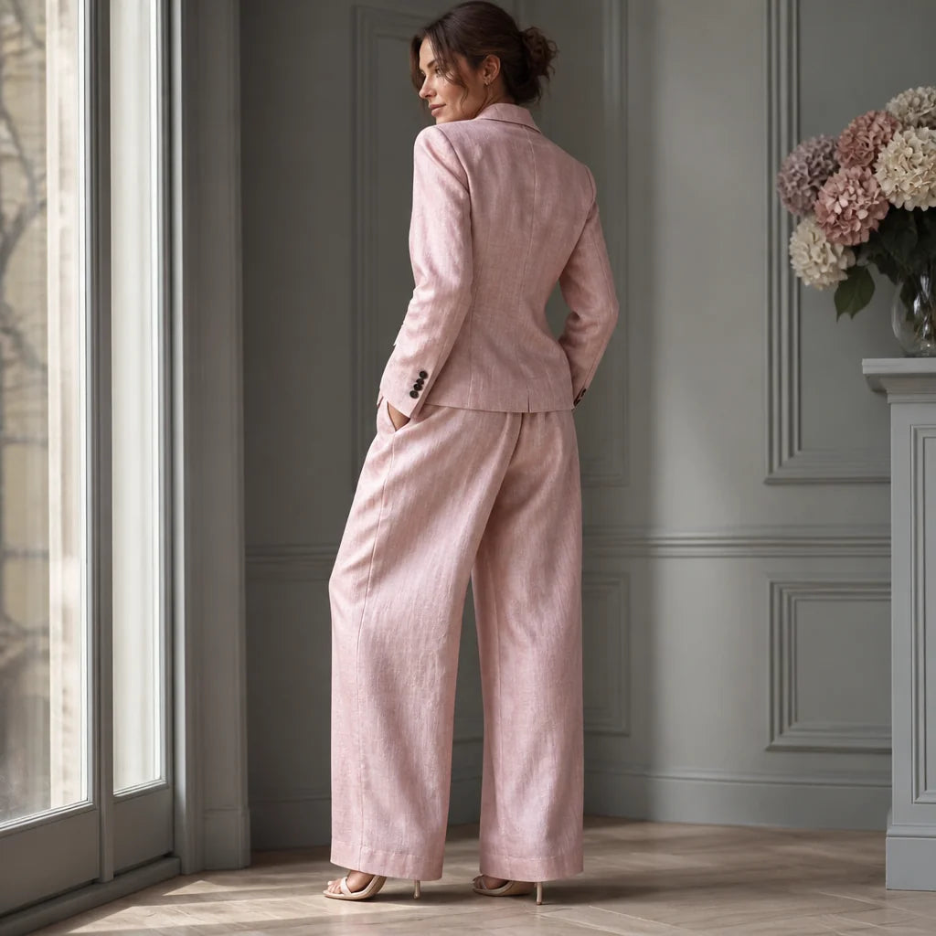 Pink Women's Blazer Suit Set with Pleated Wide-Leg Trousers — Diana - Back Full