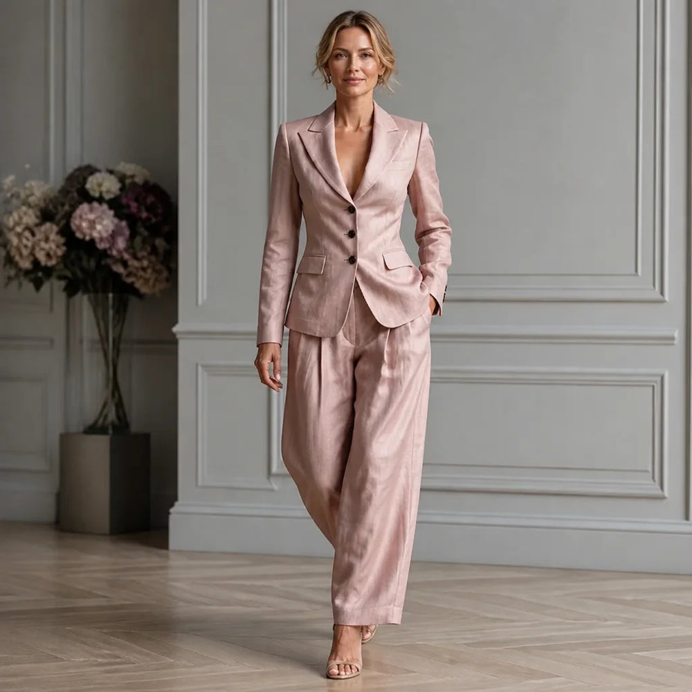 Pink Women's Blazer Suit Set with Pleated Wide-Leg Trousers — Diana - Model Walking