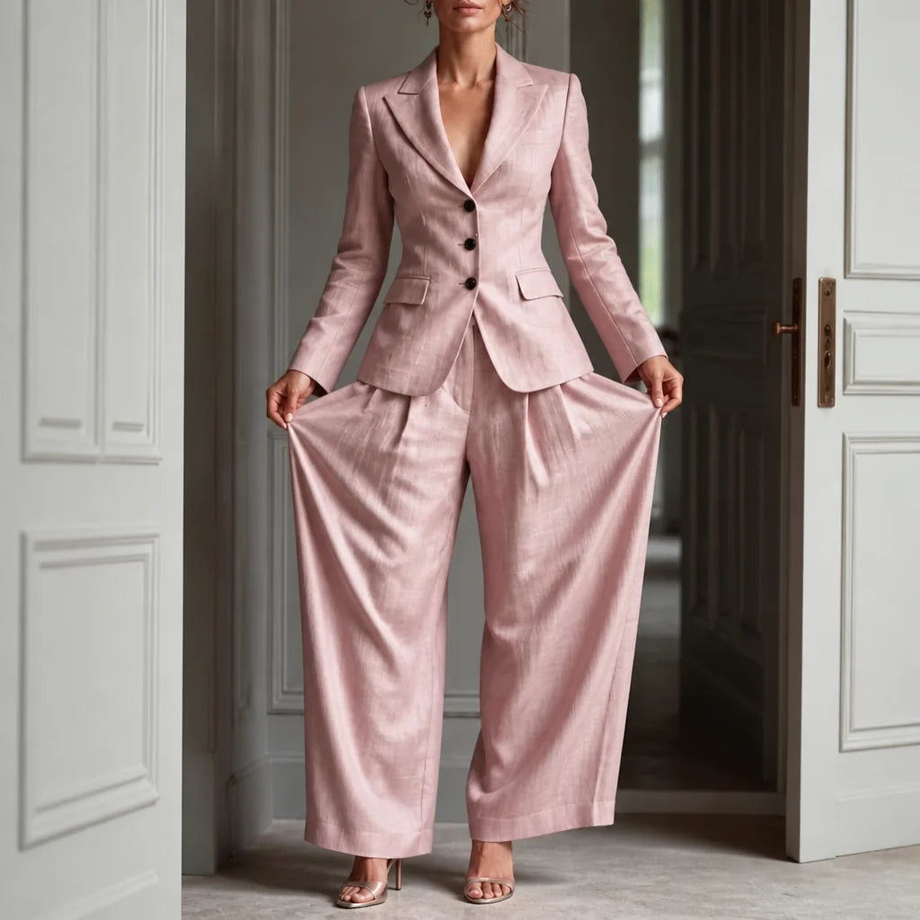 Pink Women's Blazer Suit Set with Pleated Wide-Leg Trousers — Diana - Pants Reveal Close