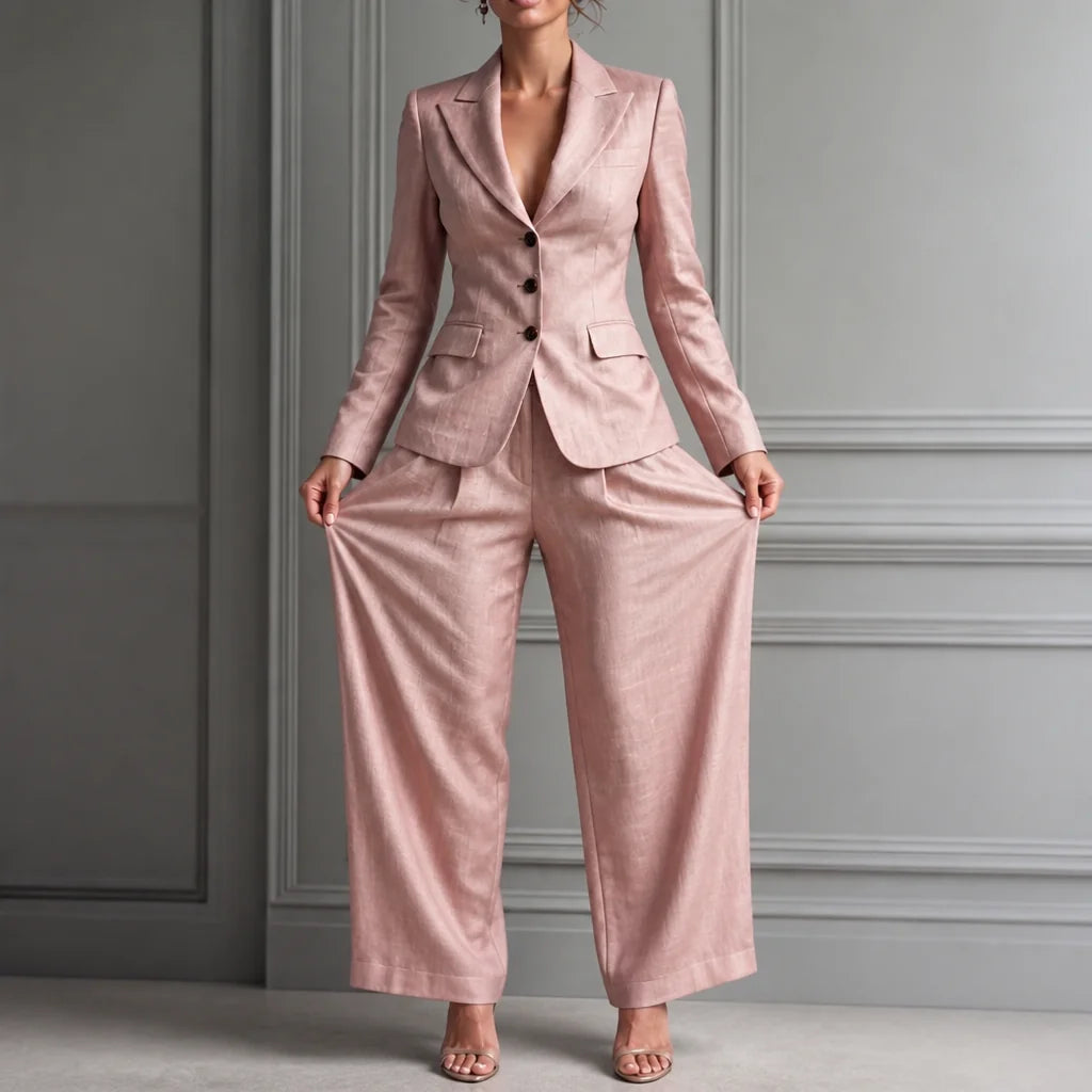 Pink Women's Blazer Suit Set with Pleated Wide-Leg Trousers