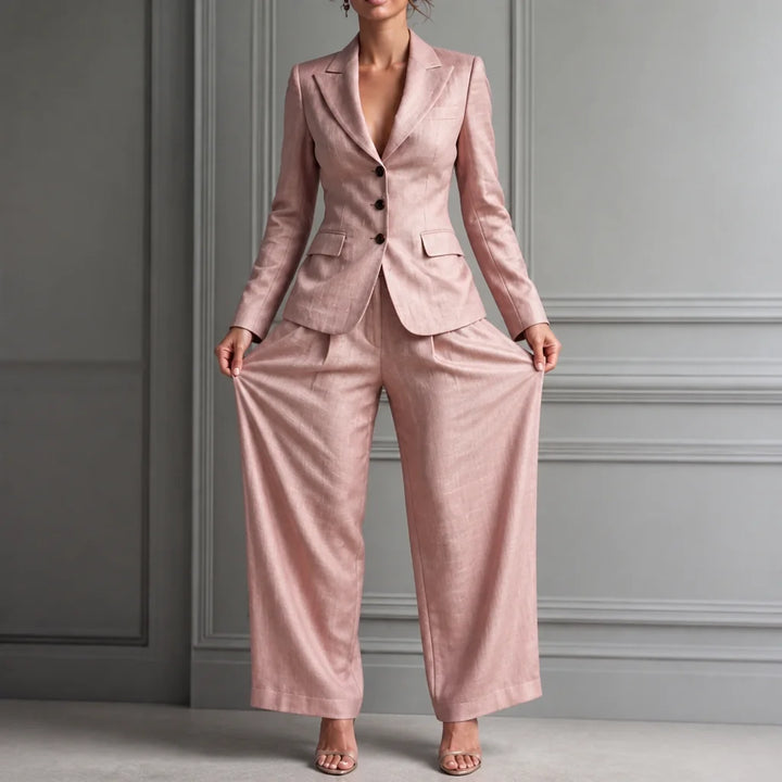 Pink Women's Blazer Suit Set with Pleated Wide-Leg Trousers