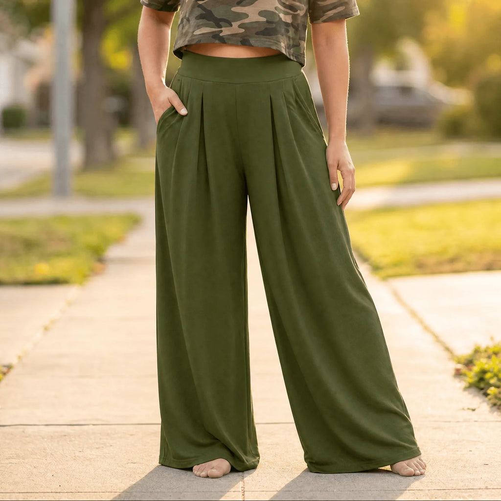 Army Green Women's High-Waisted Palazzo Pants with Pleated Front & Pockets