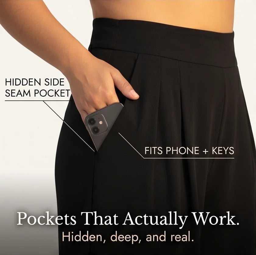 Women's High-Waisted Palazzo Pants with Pleated Front & Pockets - Close Up Pocket Phone