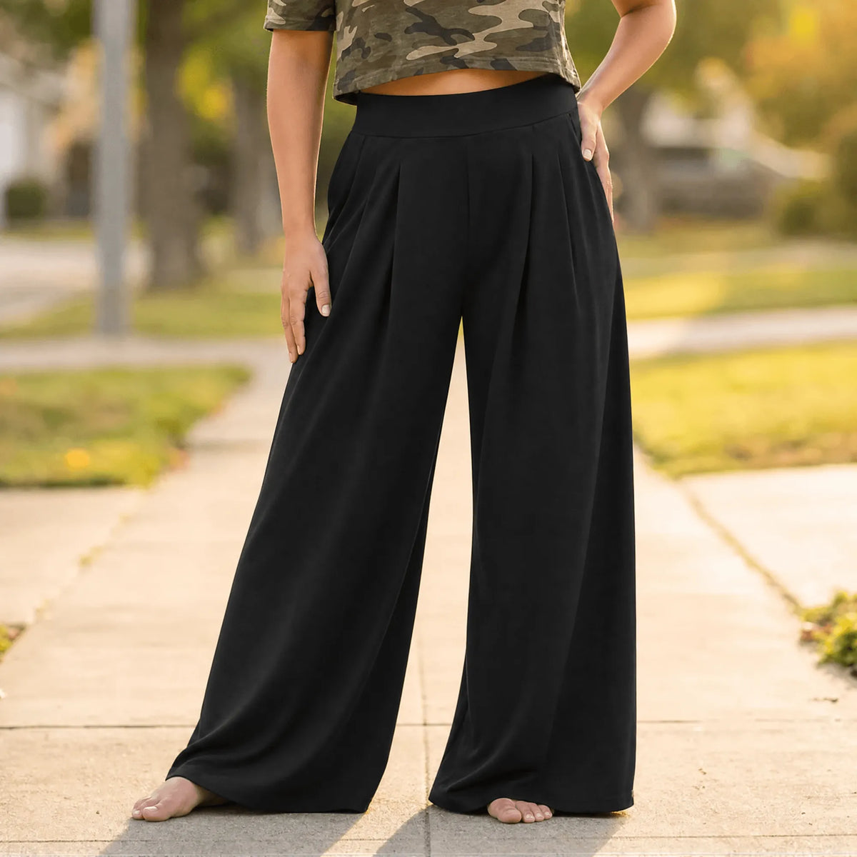 Women's High-Waisted Palazzo Pants with Pleated Front & Pockets
