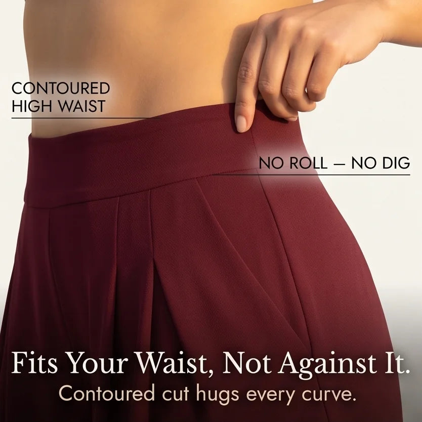 Women's High-Waisted Palazzo Pants with Pleated Front & Pockets - Close Up Waistband