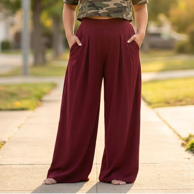 Burgundy Women's High-Waisted Palazzo Pants with Pleated Front & Pockets - Front Full Standing