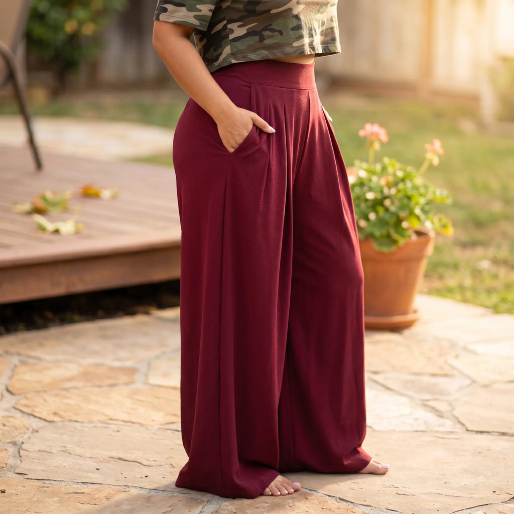 Women's High-Waisted Palazzo Pants with Pleated Front & Pockets - Side Pose Hand Pocket