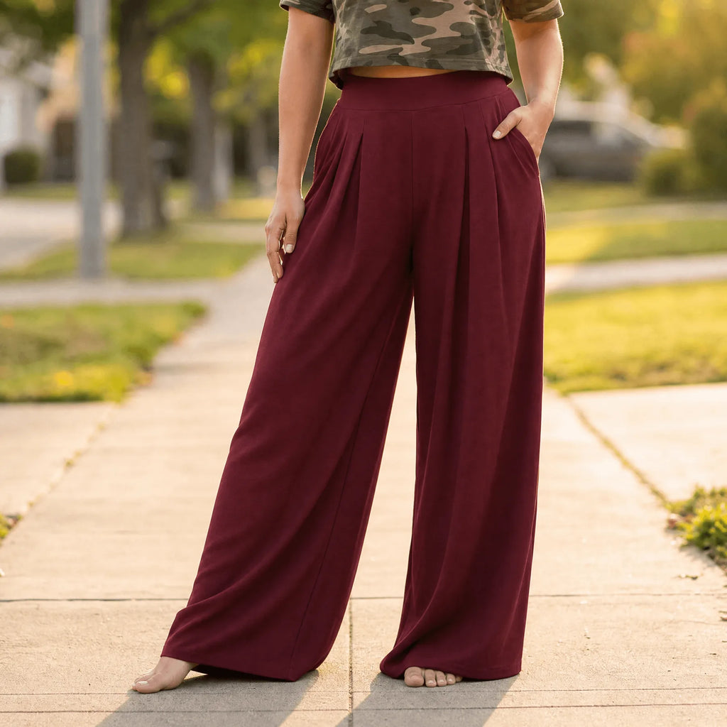 Women's High-Waisted Palazzo Pants with Pleated Front & Pockets