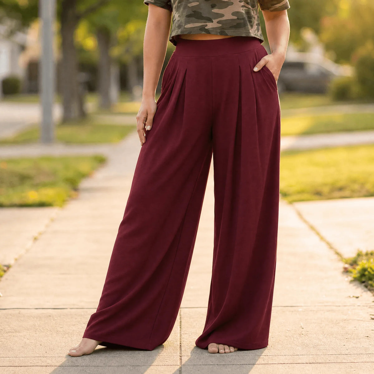 Women's High-Waisted Palazzo Pants with Pleated Front & Pockets
