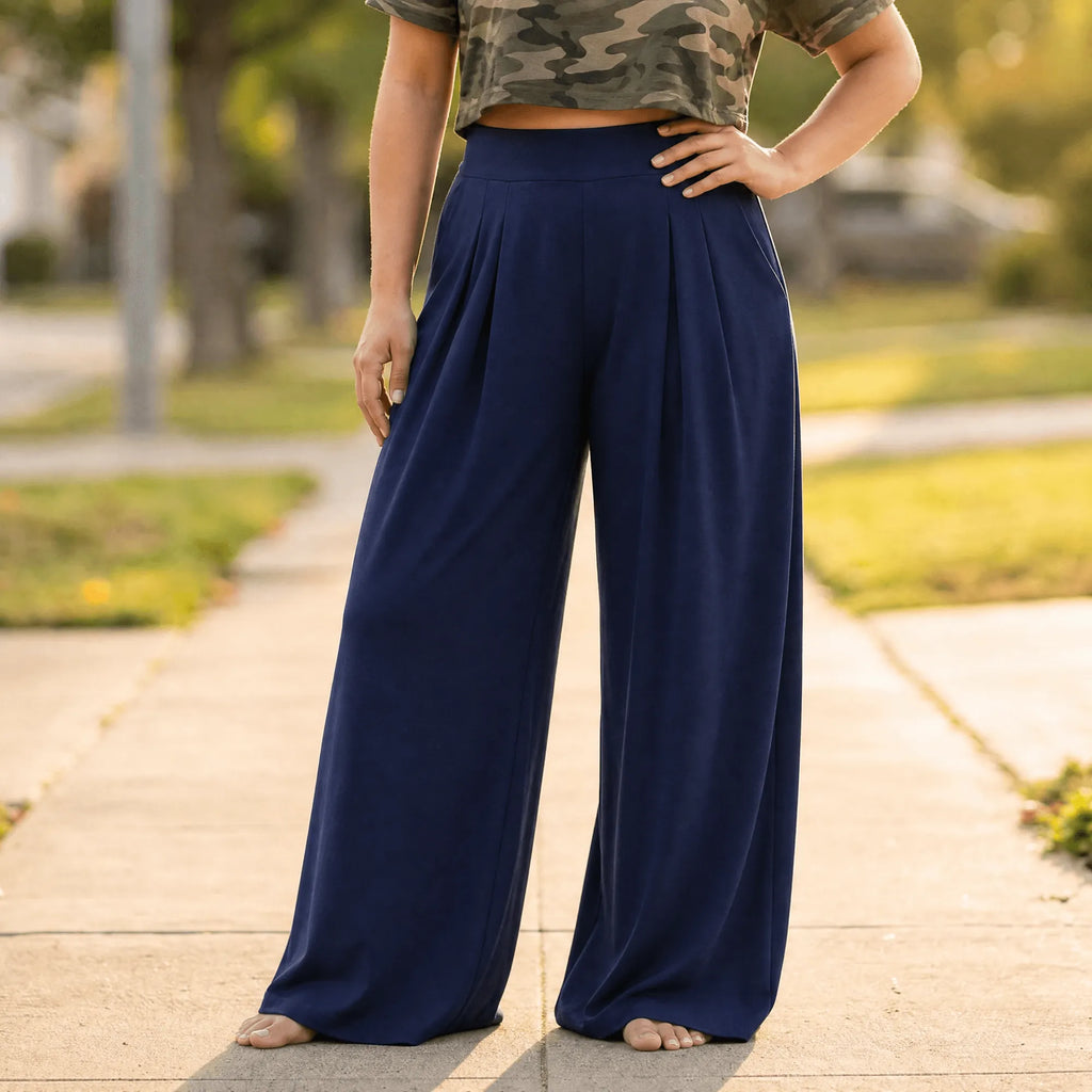 Navy Blue Women's High-Waisted Palazzo Pants with Pleated Front & Pockets