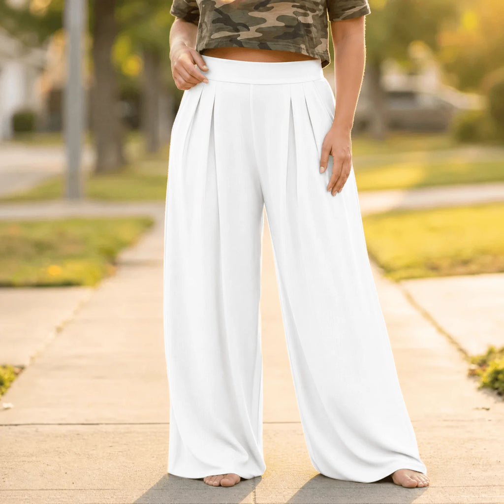 White Women's High-Waisted Palazzo Pants with Pleated Front & Pockets