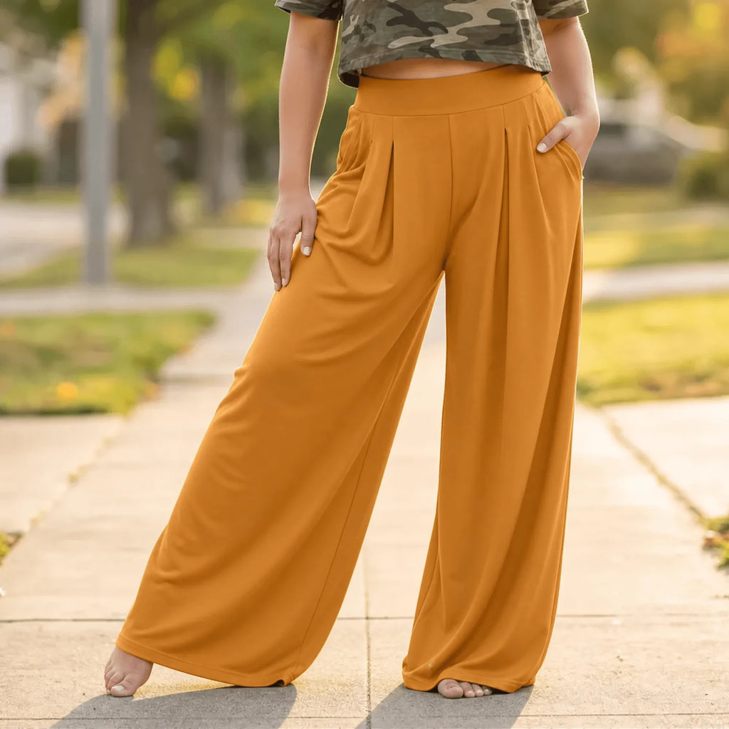 Yellow Orange Women's High-Waisted Palazzo Pants with Pleated Front & Pockets