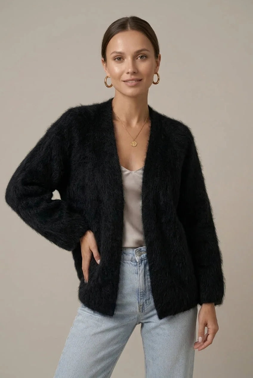 Black Women's Alpaca Cardigan with Plush Texture & Relaxed Fit — Reagan