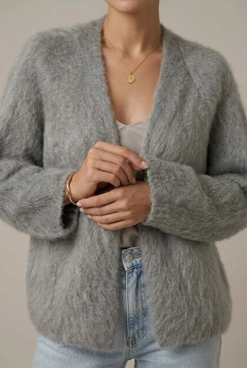 Women's Alpaca Cardigan with Plush Texture & Relaxed Fit - Close Up Detail