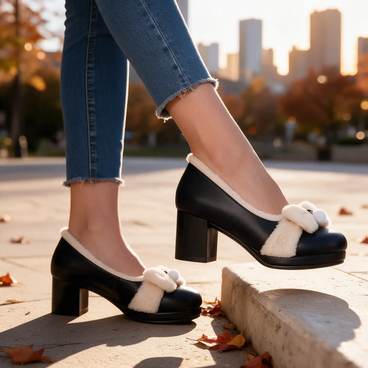 Women's Winter Pumps with Plush Bow & Block Heel - Worn Denim Outdoor