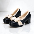Black Women's Winter Pumps with Plush Bow & Block Heel