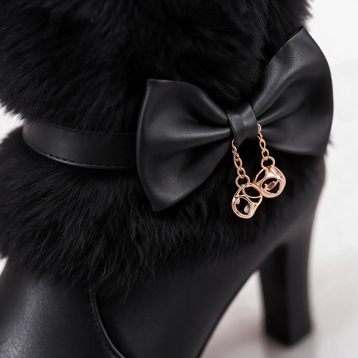 Women's Winter Ankle Boots with Plush Collar & Cushioned Insole - Heel Bow Detail