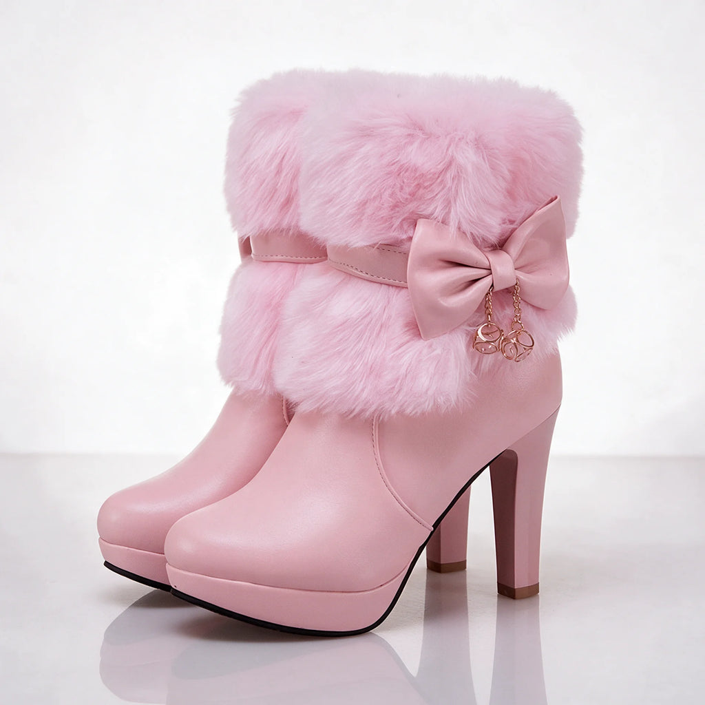 Pink Women's Winter Ankle Boots with Plush Collar & Cushioned Insole - Studio Side