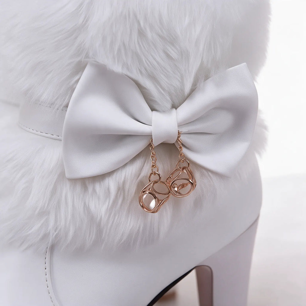 Women's Winter Ankle Boots with Plush Collar & Cushioned Insole - Close Up Bow Detail